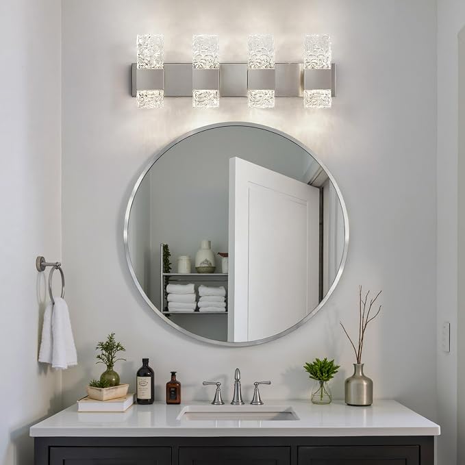 Epinl Brushed Nickel 4-Light Bathroom Vanity Lights, 4000K Modern Bathroom Lighting Fixtures Over Mirror, 28" LED Crystal Bathroom Light Fixtures Hardwired Wall Sconces for Bathroom Living Room