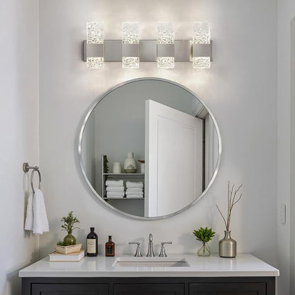 Epinl Brushed Nickel 4-Light Bathroom Vanity Lights, 4000K Modern Bathroom Lighting Fixtures Over Mirror, 28" LED Crystal Bathroom Light Fixtures Hardwired Wall Sconces for Bathroom Living Room