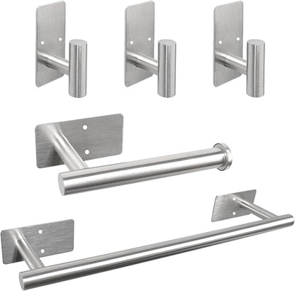 5 PCS Self Adhesive Bathroom Hardware Set,Stainless Steel Towel Rack Set Include 16In Bath Towel Bar+Toilet Paper Holder+3 Towel/Robe Hooks Wall Mounted Bathroom Accessory Kit(Brushed Nickel)