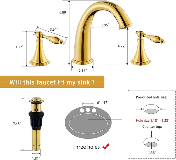 SaniteModar Polished Gold Bathroom Sink Faucet, Brass Widespread Faucet, 3 Hole, 2 Handles with Water Supply Lines and Pop-up Drain
