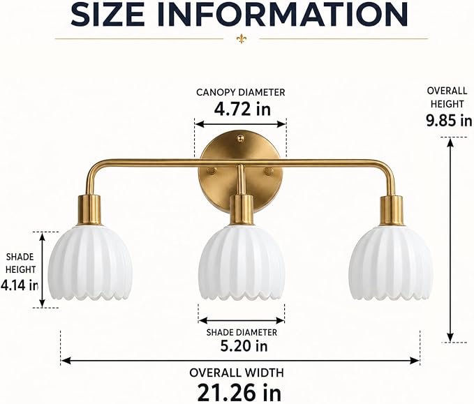 Brushed Gold 3-Light Vanlity Light Over Mirror,Wall Sconces,Gold Brass Bathroom Light Fixture with White Glass Flower Shade,E26 Socket(Bulbs Not Included)