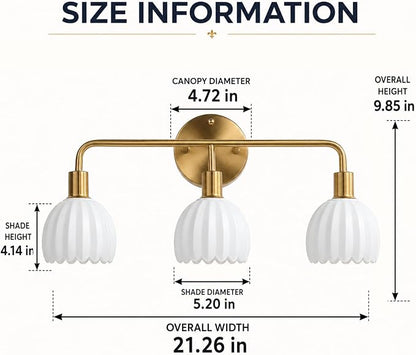 Brushed Gold 3-Light Vanlity Light Over Mirror,Wall Sconces,Gold Brass Bathroom Light Fixture with White Glass Flower Shade,E26 Socket(Bulbs Not Included)