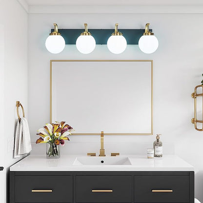 4-Light Bathroom Vanity Light Fixtures Sand Black Gold Vanity Lights Over Mirror Modern Wall Sconce with Milk White Glass Globe Lampshade for Lving Room Dining Room Corridor Powder Room