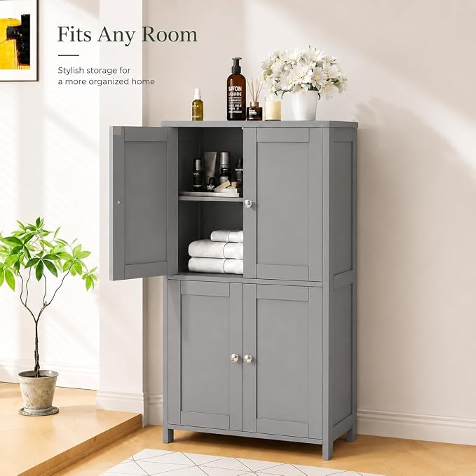 Nuturelly Bathroom Floor Storage Cabinet, 4 Doors, Anti-Tip, Grey | 23.7"D x 11.9"W x 42.6"H, Adjustable Shelves, Shaker style, 5-position Shelves, Anti-tip Kit, Rounded Corners, Easy Assembly