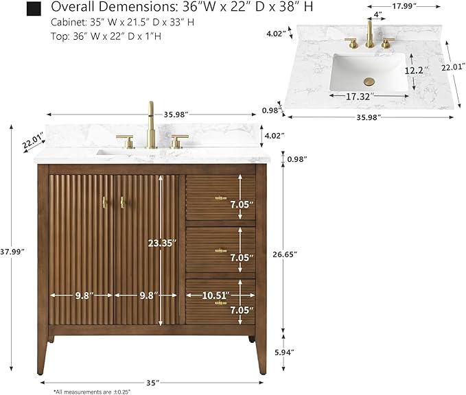 HOMEBEYOND 36" Bathroom Vanity with Sink, Solid Wood Bathroom Vanity Free-Standing Cabinet, Drawers, Ceramic Top & Soft Closing Door, Golden Brushed Handware, Walnut