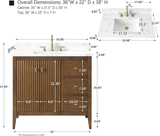 HOMEBEYOND 36" Bathroom Vanity with Sink, Solid Wood Bathroom Vanity Free-Standing Cabinet, Drawers, Ceramic Top & Soft Closing Door, Golden Brushed Handware, Walnut