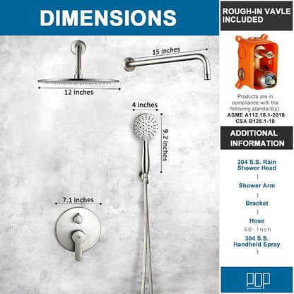 Shower Faucet Set Brushed Nickel 10 Inch Round Shower Head and Handle Set, Bathroom Rainfall Shower System, Wall Mounted Shower Fixtures, Include Shower Valve and Trim Kit