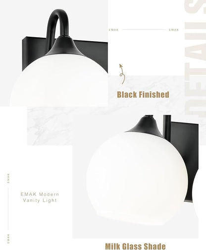 Emak 29 Inch Black Vanity Lights with Milk Glass Shade, 4-Light Bathroom Light Fixtures Over Mirror, Modern Farmhouse Globe Wall Sconces for Bathroom, Mirror, VL118-BK-ML-4