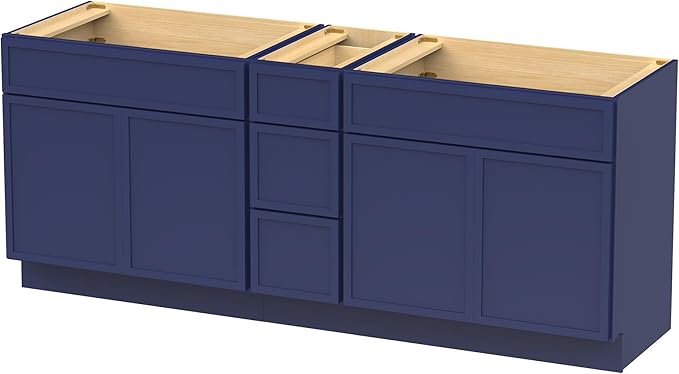 HomeBeyond 90 Inches Bathroom Vanity Base Cabinet Without Sink, Double Sink Top Sturdy Floor Mounted Cabinet with Door & Soft Closing Drawers, Blue, VA4139-2+VA4112-3