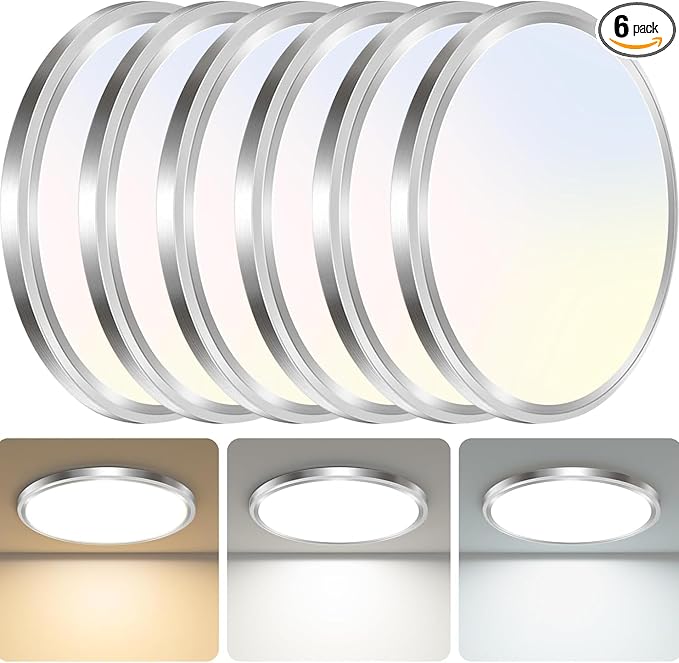zemty 6Pack 6.5Inch LED Ceiling Lights Brushed Nickel, 12W 1200lm Small Flush Mount Light Fixture, 3000K/ 4000K/ 6500K Round Flat Recessed Ceiling Lights for Kitchen, Closet, Hallway,Pantry