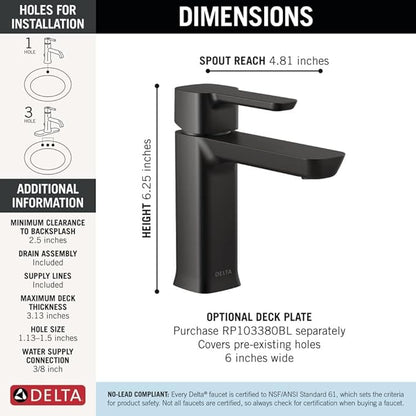 Delta Modern Matte Black Bathroom Faucet 1 Hole, Single Hole Bathroom Sink Faucet for Vanity, Push-Pop Drain Assembly, Matte Black 581LF-BLGPM-PP