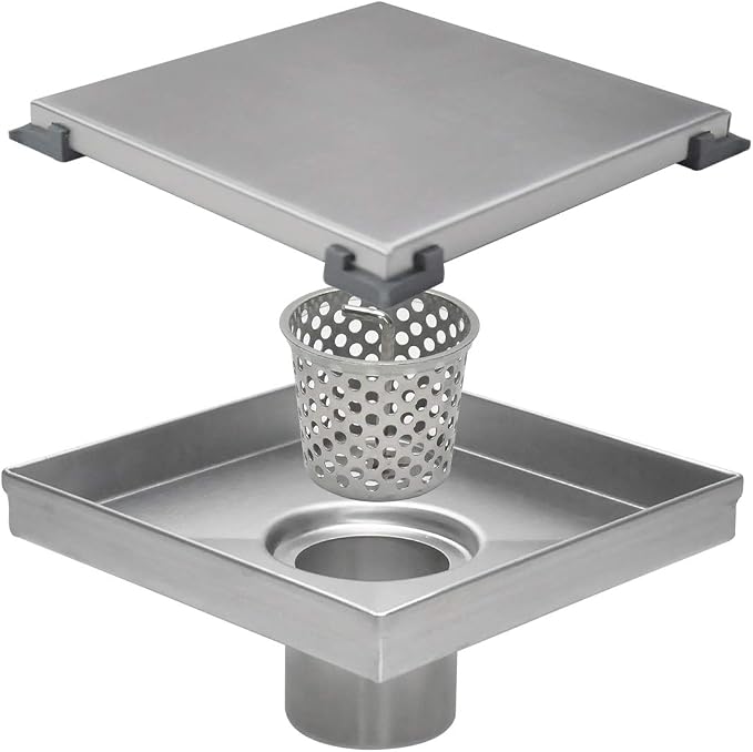 Square Shower Drain,Shower Drain 6" with 2 in 1 Tile-Insert Cover | Brushed AISI 304 Stainless Steel Shower Floor Drain with Hair Catcher Fits Bathroom Balcony Kitchen Easy to install