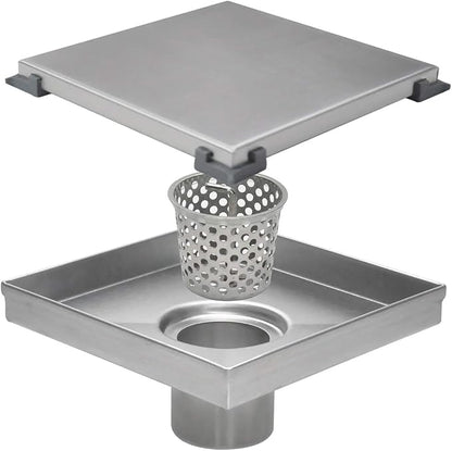 Square Shower Drain,Shower Drain 6" with 2 in 1 Tile-Insert Cover | Brushed AISI 304 Stainless Steel Shower Floor Drain with Hair Catcher Fits Bathroom Balcony Kitchen Easy to install