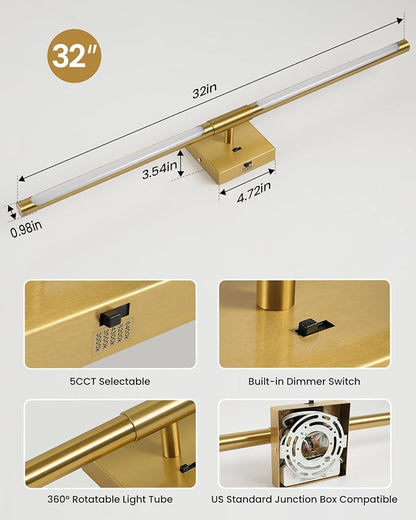 Epinl Gold Vanity Light for Bathroom, 32 inch 5CCT Dimmable Bathroom Lighting Fixture Over Mirror, Modern Brush Gold LED Vanity Lights, 360° Rotatable Bathroom Lights