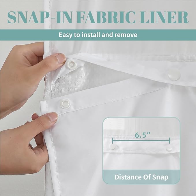 eachope No Hook Long Waffle Shower Curtain, Snap-in Liner, 71x86 in, White | 230 GSM waffle weave fabric, waterproof liner set with 2 bottom magnets, mesh top window, washable, for bathroom or hotel use