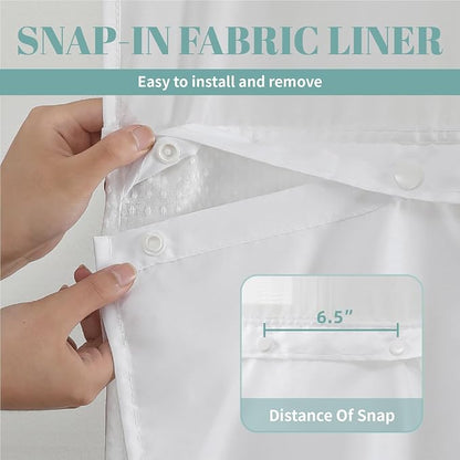 eachope No Hook Waffle Shower Curtain with Snap-in Liner, 54x74 Inch, White | 230GSM waffle weave fabric, waterproof liner set with 2 bottom magnets, mesh window, washable, for shower stalls or bathrooms