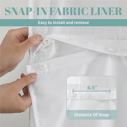 eachope No Hook Waffle Shower Curtain with Snap-in Liner, 60x74 Inch, White | 230GSM waffle weave fabric, waterproof liner set with 2 bottom magnets, mesh window, washable, for shower stalls or bathrooms