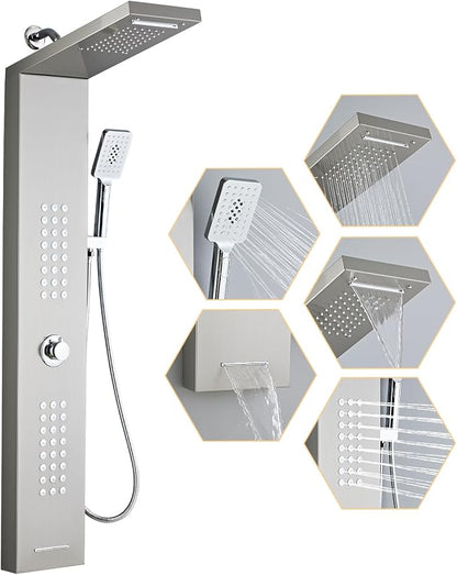 Shower Panel Tower System,Rain Shower Head Rainfall Waterfall | Handheld High Pressure Rain Massage System(Brushed Silver)