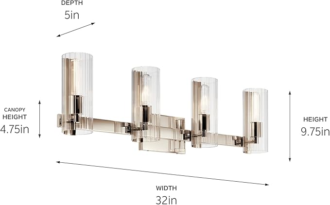 Kichler Jemsa 4 Light Vanity, Modern Light with Clear Fluted Glass in Polished Nickel for Bathroom or Powder Room (9.75" x 32"), 55169PN