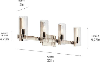 Kichler Jemsa 4 Light Vanity, Modern Light with Clear Fluted Glass in Polished Nickel for Bathroom or Powder Room (9.75" x 32"), 55169PN