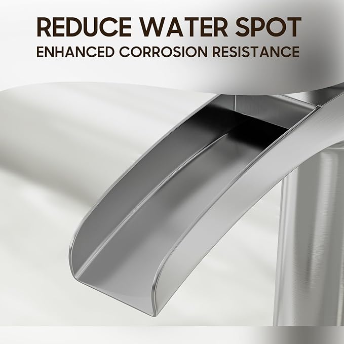 Phiestina Brushed Nickel Tall Bathroom Vessel Sink Faucet, Single Hole Single Handle Waterfall Modern Above Countertop Sink Bathroom Faucet, with Pop Up Drain and Water Supply Line, NS-SF01-BN-V