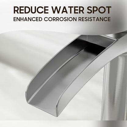 Phiestina Brushed Nickel Tall Bathroom Vessel Sink Faucet, Single Hole Single Handle Waterfall Modern Above Countertop Sink Bathroom Faucet, with Pop Up Drain and Water Supply Line, NS-SF01-BN-V