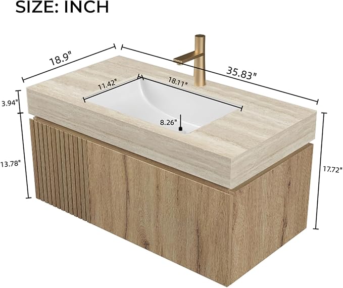 LKTART Floating 36 Inch Bathroom Vanity with Sink, Modern Plywood Wall Mounted Bathroom Storage Cabinet with 1 Door and 1 Drawer, Roma Travertine-Pattern Sintered Stone Countertop and Ceramic Basin