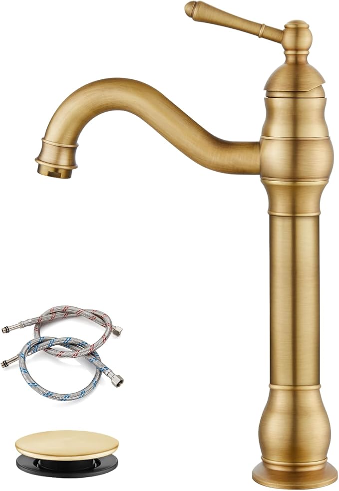 gotonovo Vessel Sink Faucet 360° Swivel Spout Single Handle Tall Bathroom Faucet 1 Hole Farmhouse Lavatory Washbasin Mixer Tap Matching Supply Hoses, with Pop Up Drain, Antique Brass