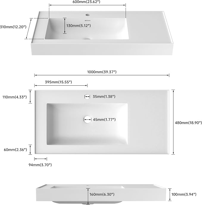 SJ Star&Jane 42" x 18" in Solid Surface Bathroom Sink, Wall-Mount Vessel Sink, Rectangle Floating Vanity Sink in Matte White, Durable Modern Design