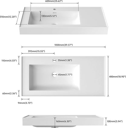 SJ Star&Jane 42" x 18" in Solid Surface Bathroom Sink, Wall-Mount Vessel Sink, Rectangle Floating Vanity Sink in Matte White, Durable Modern Design