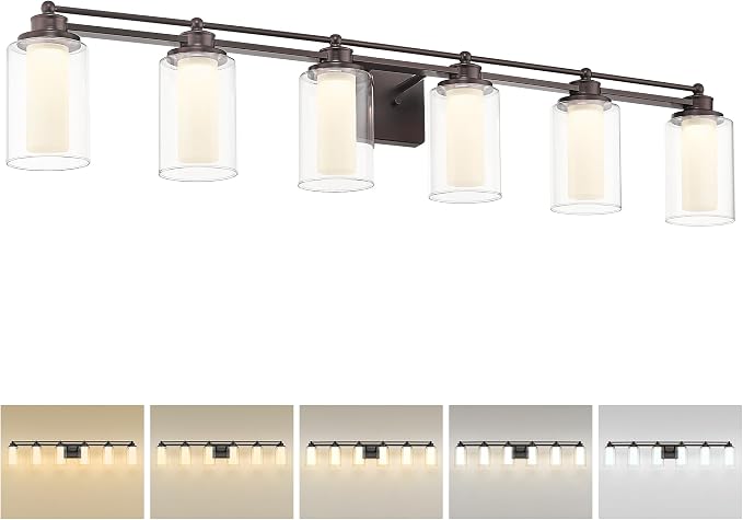 HWH Bathroom Light Fixtures 6-Light, Oil-Rubbed Bronze, 5HLT63B-6W-LED ORB | 36W LED Module, 5CCT 3000K-6500K, Dimmable, Double-Layer Clear and Frosted Glass, 43.7-Inch Fixture, Damp-Proof Metal