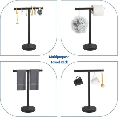 RUMOSE Matte Black Hand Towel Holder Stand Countertop Towel Rack | 13 Inch Bathroom Kitchen Vanity T-Shape Towel Stand Free Standing Stainless Steel Towel Bar Towel Ring