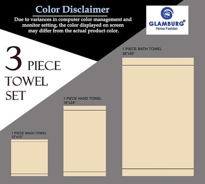 GLAMBURG Ultra Soft 3 Pack Cotton Towel Set, Contains a Bath Towel 28x55 inch, a Hand Towel 16x24 inch & a Wash Coth 12x12 inch, Ideal Everyday use, Compact & Lightweight - Ivory