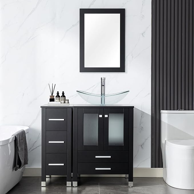 LUCKWIND 36" Bathroom Vanity Combo with Sink, 24"+12.6" Width, Painted Bathroom Storage Cabinet with 5 Drawers, Including Clear Boat Sink Without Mirror, Black
