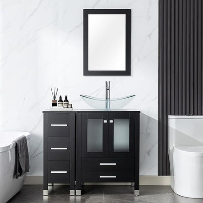LUCKWIND 36" Bathroom Vanity Combo with Sink, 24"+12.6" Width, Painted Bathroom Storage Cabinet with 5 Drawers, Including Clear Boat Sink Without Mirror, Black