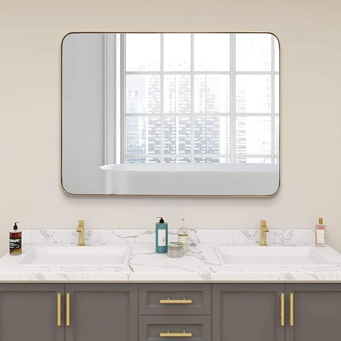 Gold Bathroom Mirror, 30x36 Brushed Brass Rectangle Mirror for Bathroom, Modern Rectangular Wall Mounted Mirror for Vanity, Crafted of Stainless Steel Metal Frame…