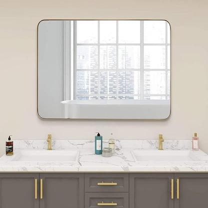Gold Bathroom Mirror, 30x36 Brushed Brass Rectangle Mirror for Bathroom, Modern Rectangular Wall Mounted Mirror for Vanity, Crafted of Stainless Steel Metal Frame…