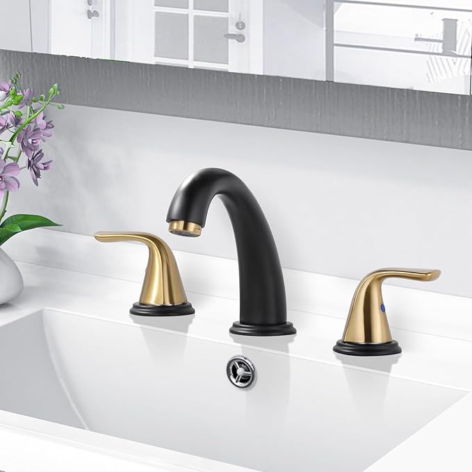 Aleasha Bathroom Sink Faucet 3 Holes Black Gold, Widespread Bathroom Faucet, Washroom Faucets with Pop Up Drain, Washroom Sink Faucets with 304 Stainless Steel Lead-Free Hose