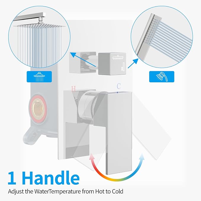 EMBATHER Shower System Chrome Shower Faucet Sets with 12" Rain Shower Head For Bathroom, Wall Mounted Square Shower Combo Set With Adjustable Handheld Bracket (Contain Rough-in Valve & Trim)