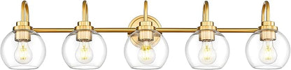 Bathroom Light Fixtures, 5-Light Brushed Gold Vanity Lights with Globe Clear Glass, 35 Inch Champagne Bronze Vanity Lighting Fixtures Over Mirror, AD-22280-5W-GD