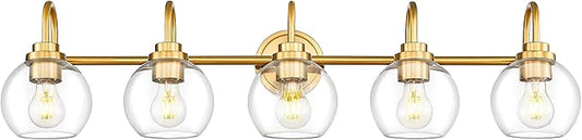 Bathroom Light Fixtures, 5-Light Brushed Gold Vanity Lights with Globe Clear Glass, 35 Inch Champagne Bronze Vanity Lighting Fixtures Over Mirror, AD-22280-5W-GD
