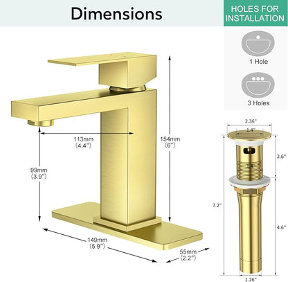 Faustina Light Gold Bathroom Faucet, Single Handle Stainless Steel Bathroom Vanity Faucet with Metal Pop-Up Drain & Deck Plate for 1 or 3 Hole
