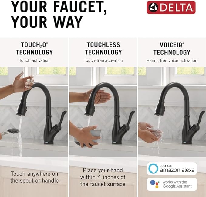 Delta Faucet Leland VoiceIQ Touch Kitchen Faucet with Touchless Technology, Black Kitchen Faucet, Smart Faucet, Alexa and Google Assistant Voice Activated, Matte Black 9178TLV-BL-DST