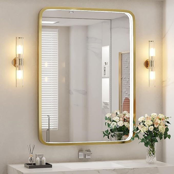 28x36 Inch LED Gold Frame Lighted Bathroom Mirror,3-Color | ETL Listed,Anti-Fog,3000K/4500K/6000K Dimmable,Horizontal & Vertical,Wall Mounted,Memory Function