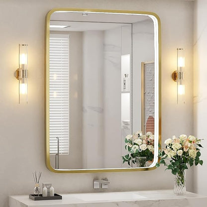 28x36 Inch LED Gold Frame Lighted Bathroom Mirror,3-Color | ETL Listed,Anti-Fog,3000K/4500K/6000K Dimmable,Horizontal & Vertical,Wall Mounted,Memory Function