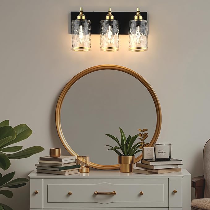 3-Light Bathroom Vanity Light Fixtures, Modern Bathroom Lighting Fixtures Over Mirror with Golden Wave Glass Lampshade, E26 Base Modern Vanity Lighting, Suit for Stairway Bedroom and Hallway