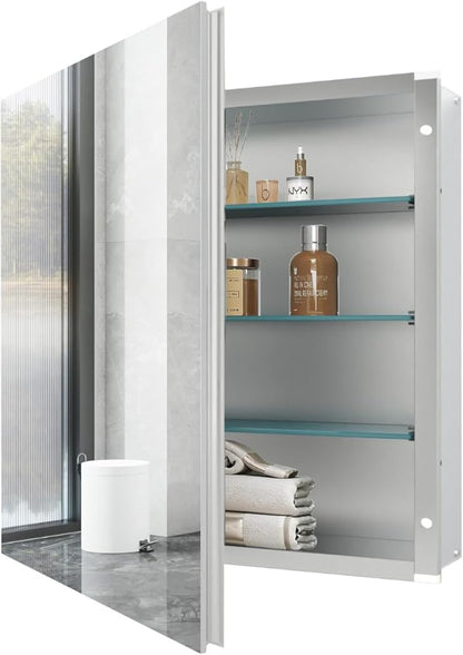 Aluminum Medicine Cabinet with Mirror, 20x20 Inch Mirror Cabinet, Assembly Needed, Recessed/Wall Mount, 3 Adjustable Tempered Glass Shelves, Bathrroom Medicine Cabinet, Reversable Door