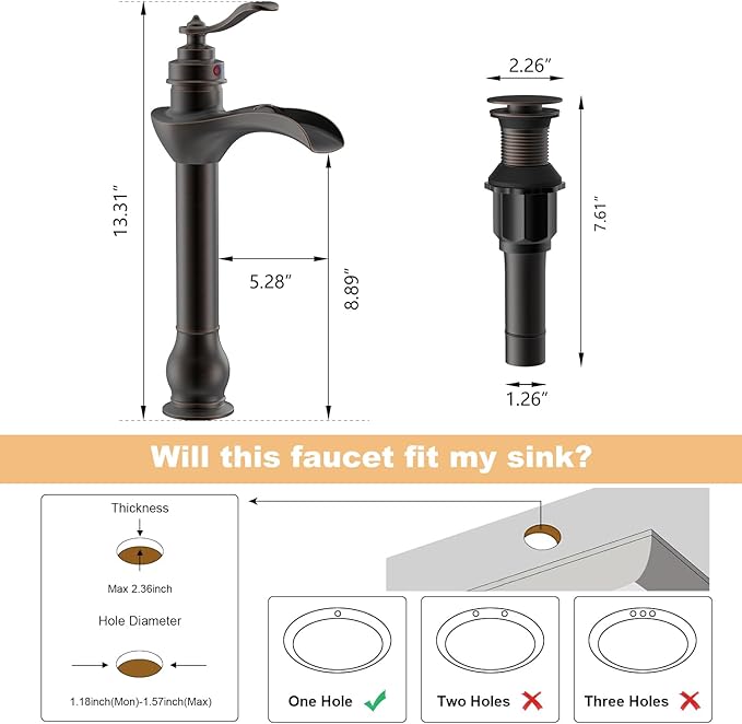 BWE Vessel Sink Faucet Oil Rubbed Bronze Bathroom Faucet with Pop Up Drain Assembly and Supply Hose Single-Handle Single Hole Tall Bathroom Faucet Vanity Lavatory Mixer Tap Tall Body