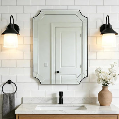 24x36 Scalloped Bathroom Mirror, Black Rectangle Wall Mirror with Scallop Edge, Anti-Rust Curved Wall Mirror, Unique Design Ideal for Bathroom Remodel, Wall Mounted Horizontal & Vertical