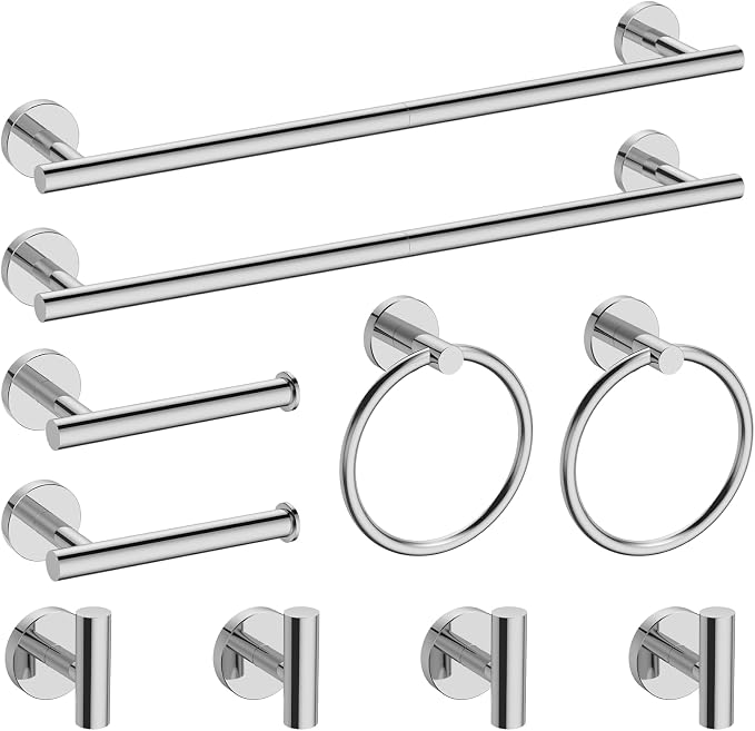 Newfun 10-Pieces Polished Chrome Bathroom Hardware Set 24 Inch | Includes 24 Inch Towel Racks for Bathroom Wall Mounted, Toilet Paper Holder, Towel Hooks, Towel Rings for Bathroom Wall